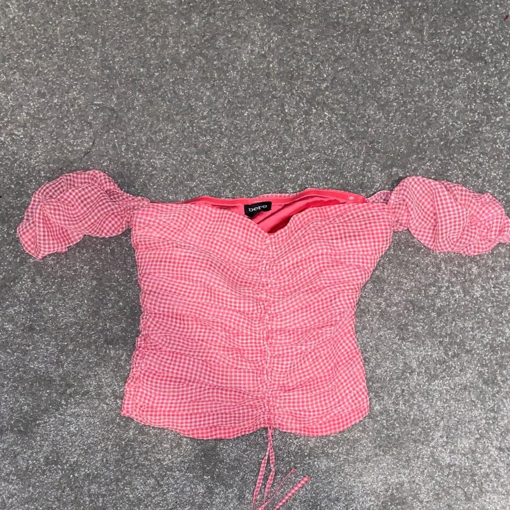 Bebe Pink Gingham Ruched Off-Shoulder Blouse